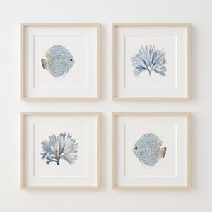 Set of 4 Prints with Discus Fish and Watercolor Seaweeds, Minimalist Coastal Wall Decor in Light Blue Colors, Beach House Art, Gift Idea