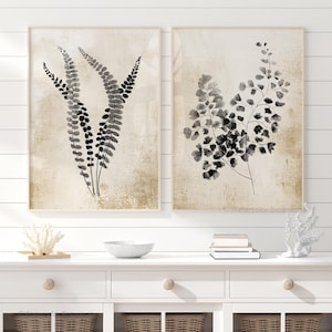 Set di 2 felci vintage, felci vintage nere, decorazione murale rustica boho, opera d'arte minimalista, poster di belle arti, decorazione murale autunnale, arte moderna
