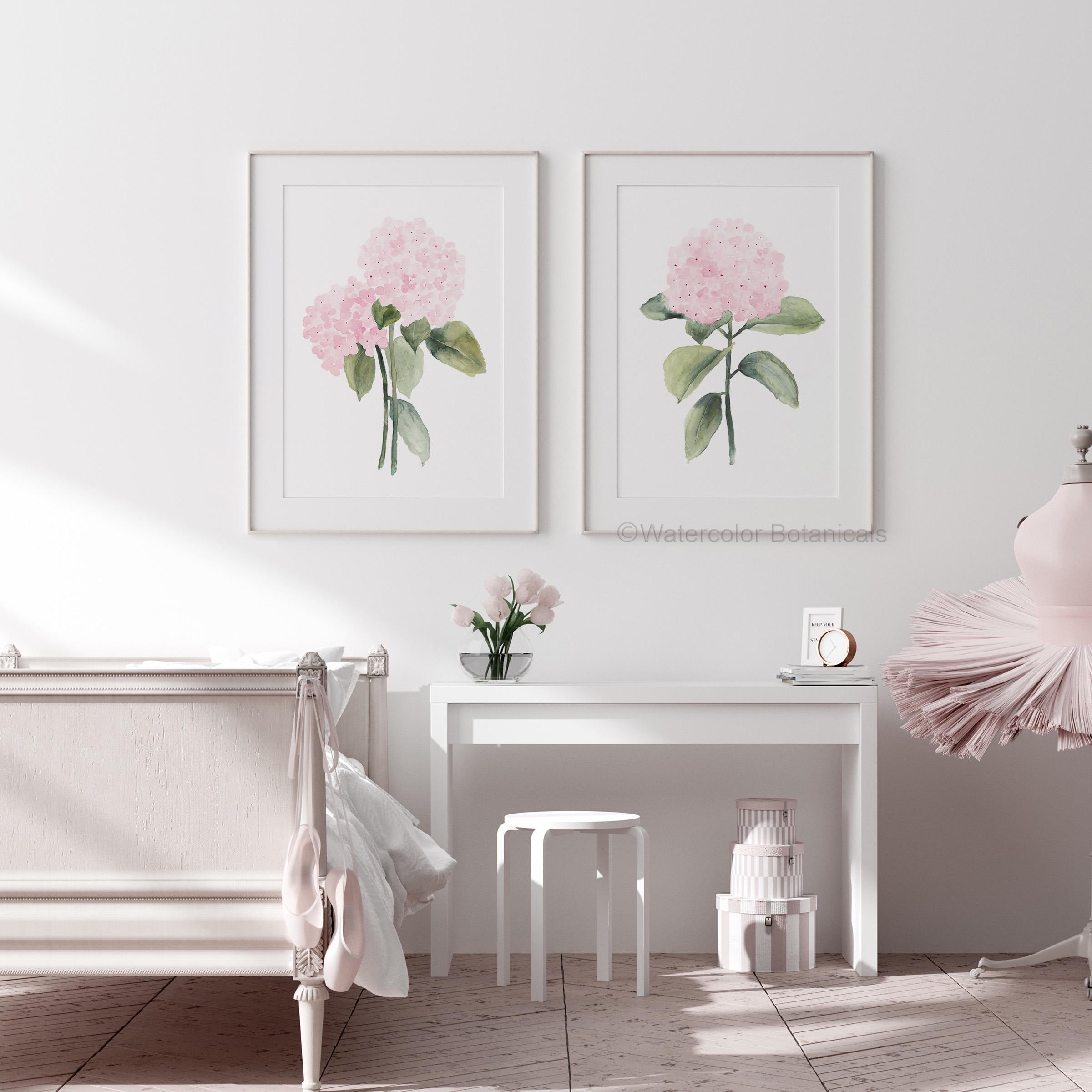 Pink Hydrangea Nursery Prints – Set of 2 Watercolor Floral Art – Baby ...