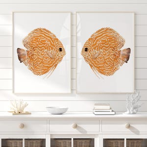 Stampe da parete costiere arancioni - Due stampe di pesci, set da 2 - Decorazioni estive costiere per camera da letto e soggiorno. Vivace arte tropicale ad acquerello.