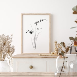 Impresión floral minimalista en blanco y negro – Arte mural botánico Japandi – "Susurros en tinta"