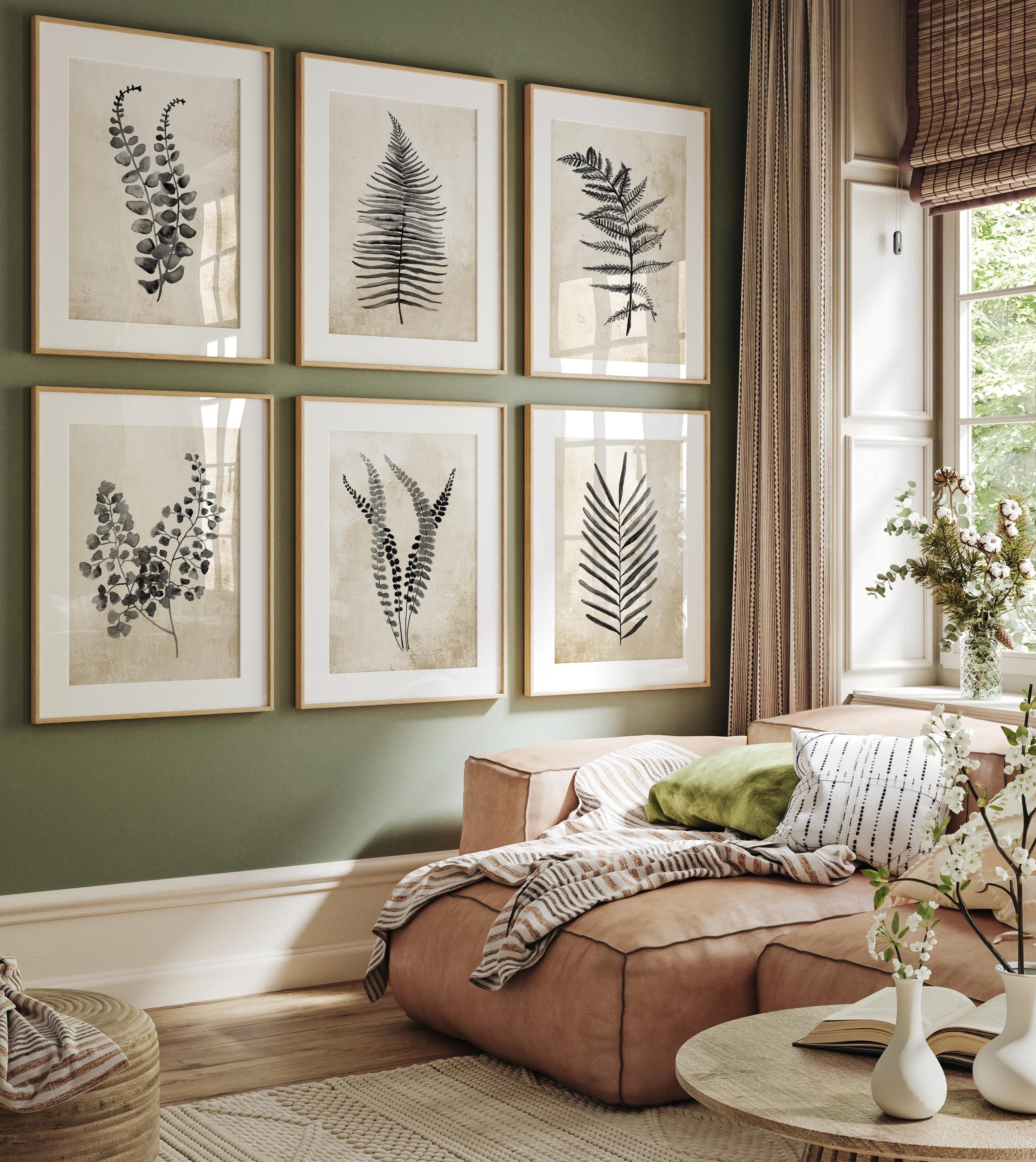 ART307　「バンブー·フォレスト」　インテリアコーディネート Black Vintage Ferns, 6 Modern Farmhouse Prints, Country Cottage