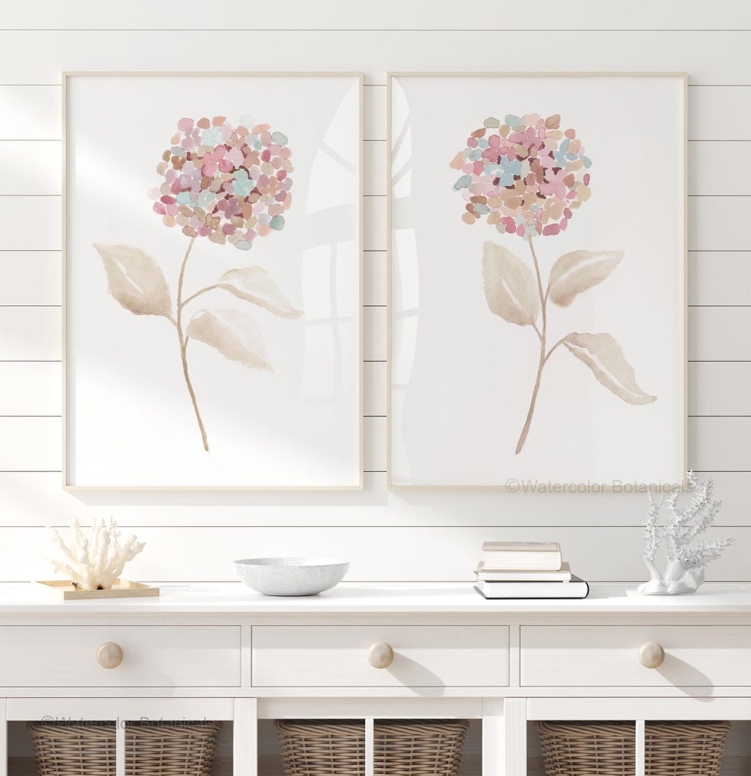 Pastel Pink Hydrangea Wall Art Set of 2 – Watercolor Botanical Prints ...