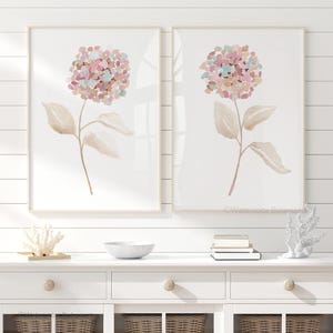 Set di 2 stampe da parete con ortensie rosa pastello – Stampe botaniche acquerellate per la decorazione della cameretta dei bambini, delicate opere d'arte floreali per la cameretta delle bambine, arte per la cameretta dei bambini