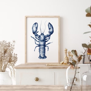 Navy Hummer Wand Kunst, Navy Blau Minimalist Aquarell Illustration, Küsten Poster, Strand Haus Dekor, Tier Druck, Nautisches Kunstwerk