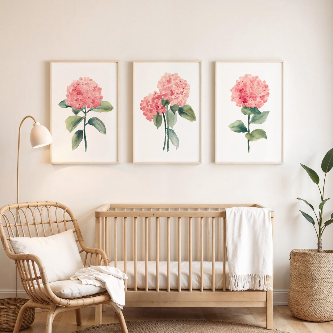 Coral Pink Hydrangea Watercolor Prints – Set of 3 Floral Wall Art ...