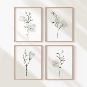 White Magnolia Watercolor Prints – Minimalist Neutral Floral Botanical Art, Spring Wall Decor for Kitchen & Living Room