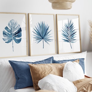 Blue Tropical Combo - Set di 3 stampe, blu navy, decorazione murale moderna costiera, foglia minimalista, piante esotiche