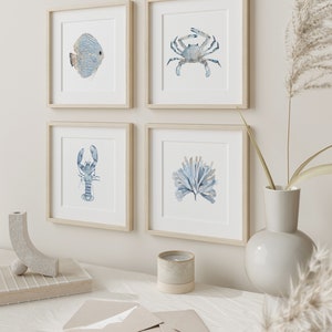 Coastal Watercolor Set of 4 Prints, Minimalist Wall Decor in Blue, Ocean Life Painting, Water Animals Poster, Beach House Artwork, Crab image 3