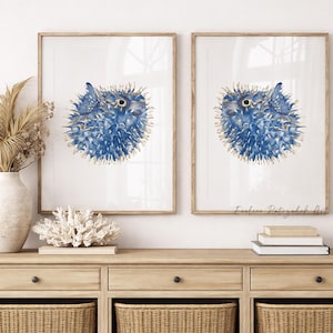 Watercolor Navy Puffer Fish Wall Art – Set of 2 Coastal Minimalist Prints - Gift