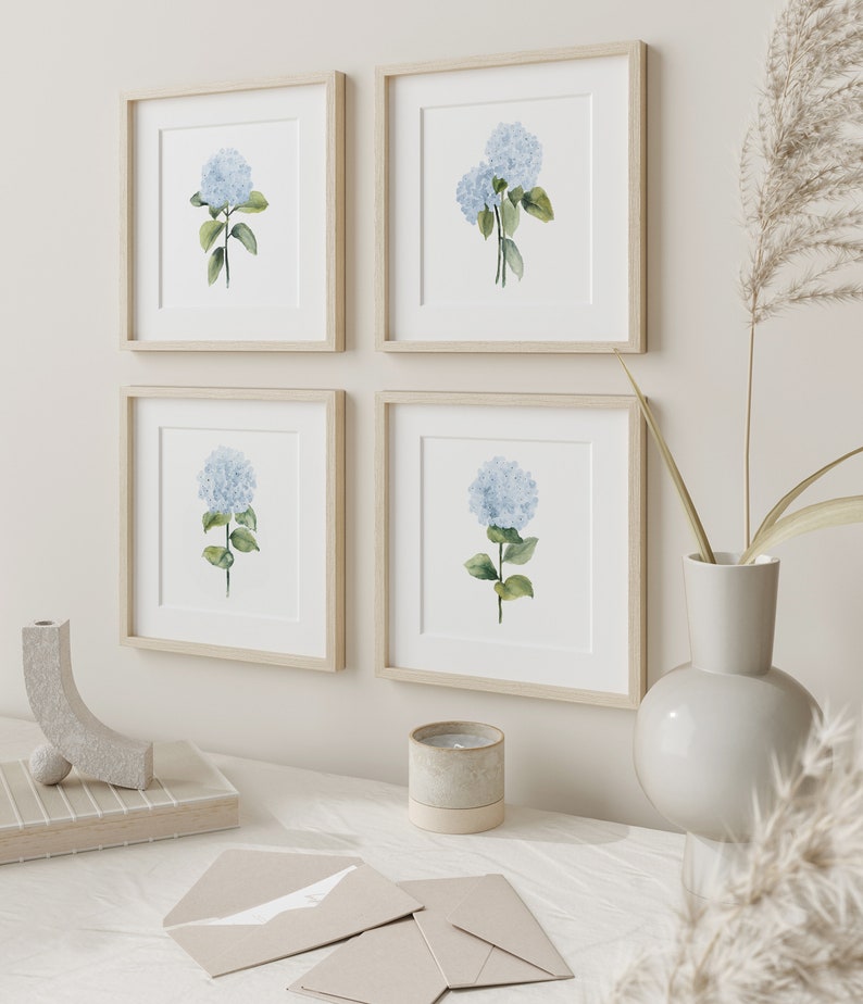 Watercolor Set of 4 Hydrangea Illustrations, Minimalist Botanical Wall Decor, Modern Poster, Hamptons Artwork, Extra Large Prints, Florals image 2