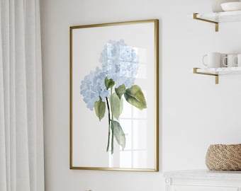 Impression aquarelle d'hortensias bleus, tableau floral, très grande oeuvre d'art, décoration murale minimaliste, aquarelle de fleurs, affiche botanique moderne