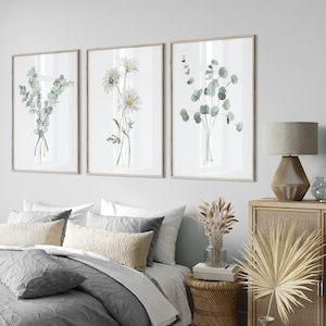 Set di pittura ad acquerello con eucalipto e margherite primaverili – Stampe giclée botaniche extra large, decorazione da parete leggera per la casa