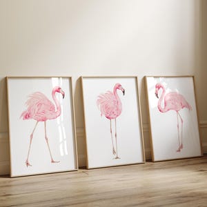 Uccelli fenicotteri rosa, set di 3 stampe costiere, arte murale minimalista moderna, poster extra large, uccello tropicale acquerello, cameretta per bambina