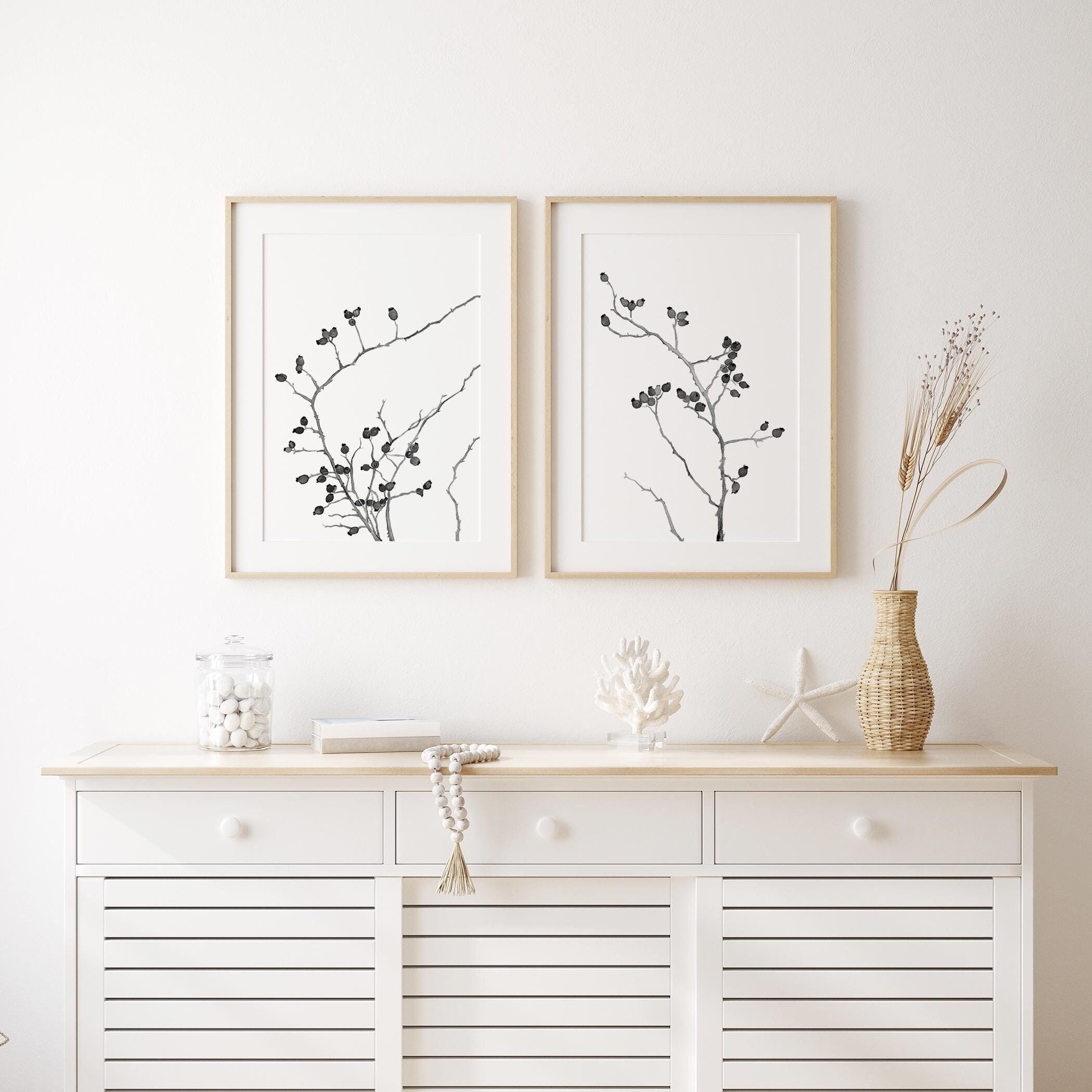 Black and White Botanical Wall Art Set – Minimalist Branch Prints ...