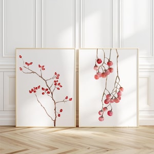 Ramas de rosa mosqueta en acuarela, juego de 2 impresiones, plantas minimalistas pintadas a mano, bayas, rosas silvestres, decoración de otoño e invierno