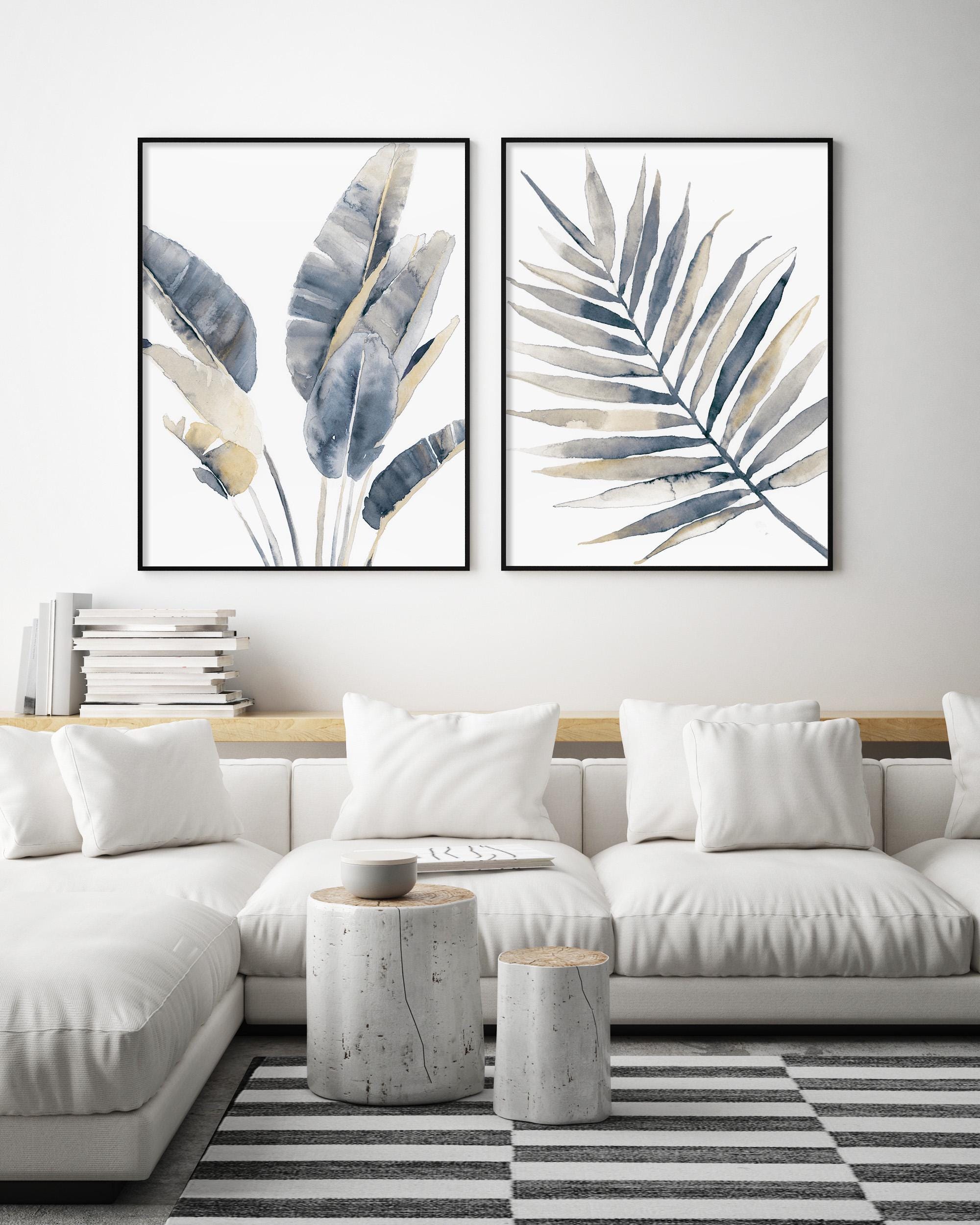 Blue and Neutral Leaf Prints – Set of 2 Watercolor Botanical Wall Art ...
