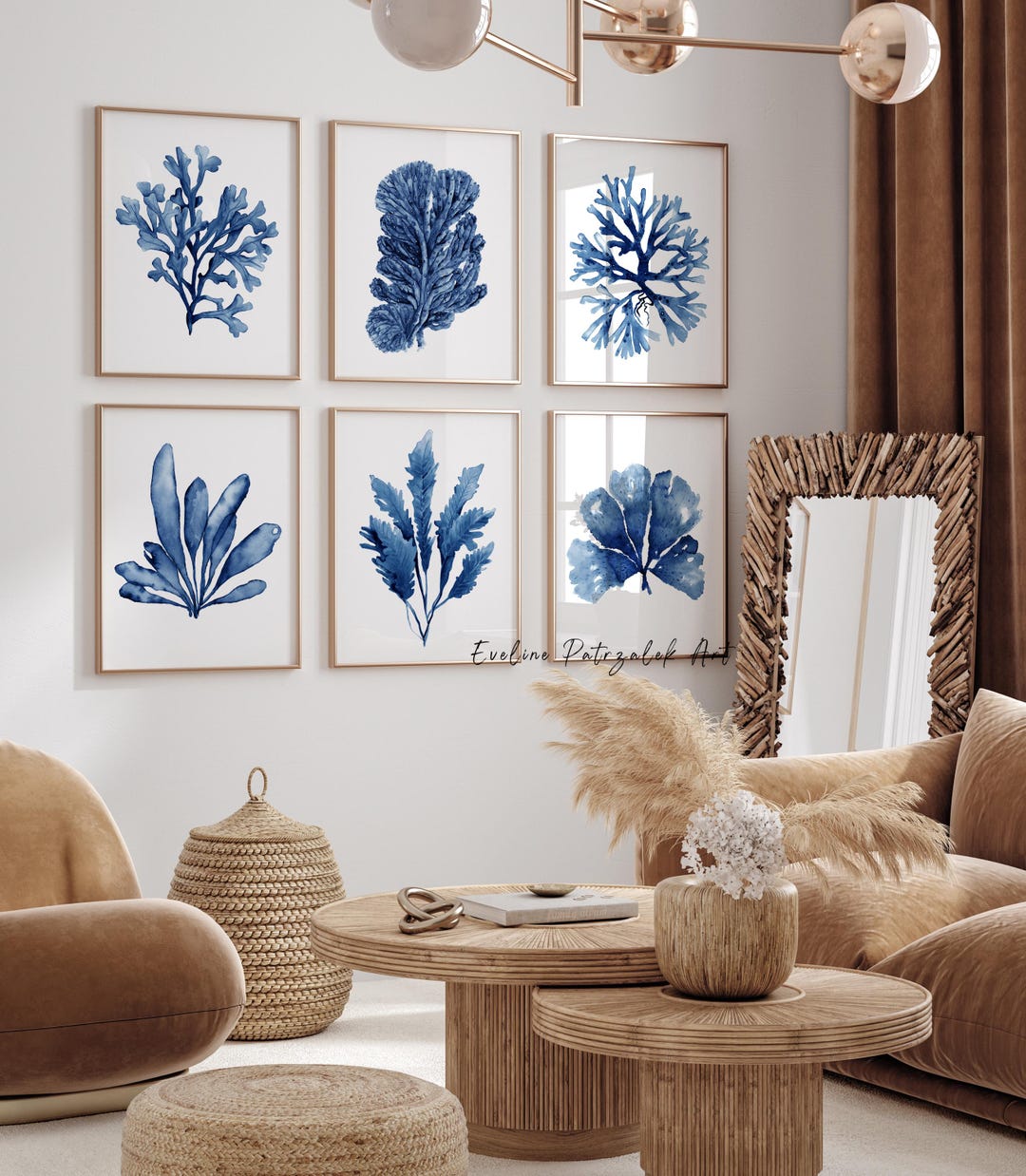 Navy Blue Corals Collection – Set of 6 Coastal Botanical Prints – Ocean ...