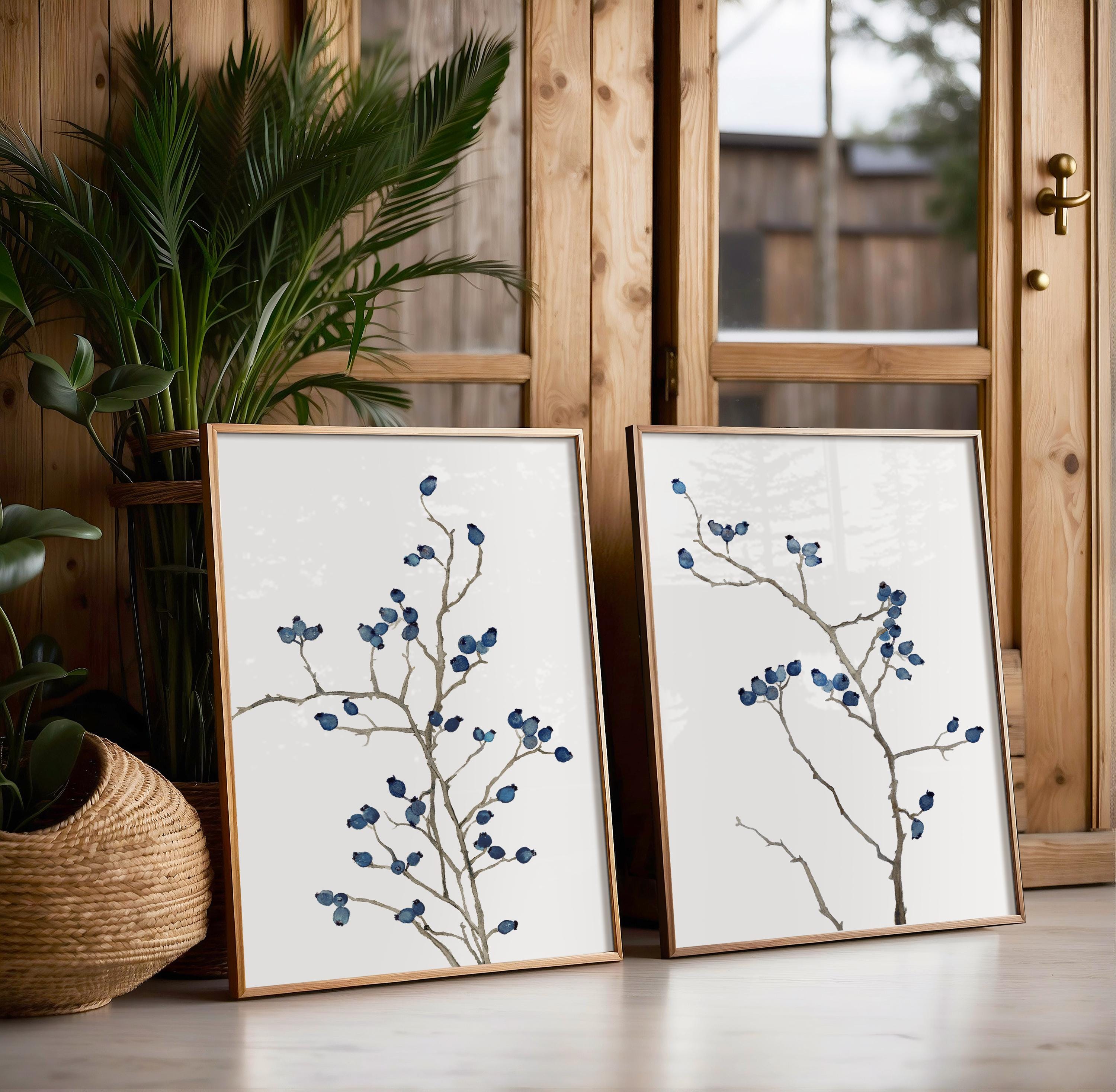 Minimalist Blue Botanical Wall Art – Set of 2 Modern Watercolor Prints ...