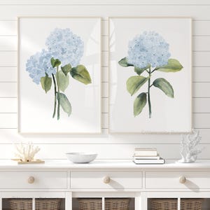 Abstract Blue Hydrangea Floral Prints – Watercolor Chinoiserie & Coastal Grandmillennial Wall Art, Set of 2 Floral Prints, Bedroom Decor