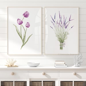 Stampe di lavanda e tulipani ad acquerello – Set di 2 stampe floreali da parete, decorazioni minimaliste per fattoria botanica, fiori da giardino
