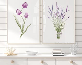 Watercolor Lavender and Tulips Prints – Set of 2 Floral Wall Art, Minimalist Botanical Farmhouse Decor, Garden Flowers