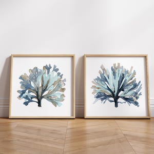 Stampe costiere color talpa acquamarina – Set di 2 / Alghe acquarellate / Arte murale botanica minimalista verde acqua e blu navy / Alghe moderne