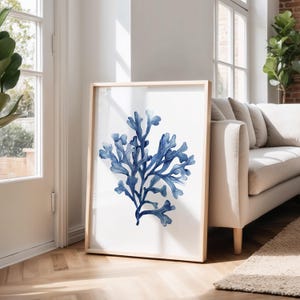 Navy Blue Corals Wall Art - Watercolor Seaweed Prints, Modern Coastal ...