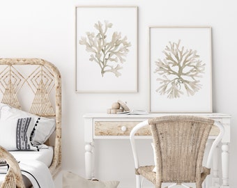 Coral Cream Art Print, Coral Watercolor, Ecru Wall Art, Coral Seaweed Painting, Set of 2 Prints, Botanical Art, Nautical Artwork