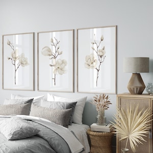 Stampe di magnolia neutre, decorazione murale minimalista beige, set di 3 immagini, decorazione murale botanica, arte moderna della fattoria, pittura boho primaverile