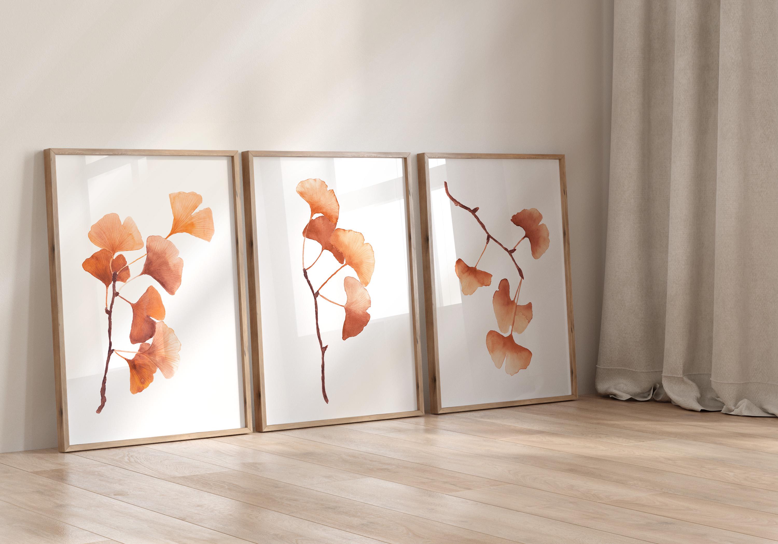 Burnt Orange Ginkgo Wall Art – Set of 3 Prints, Botanical