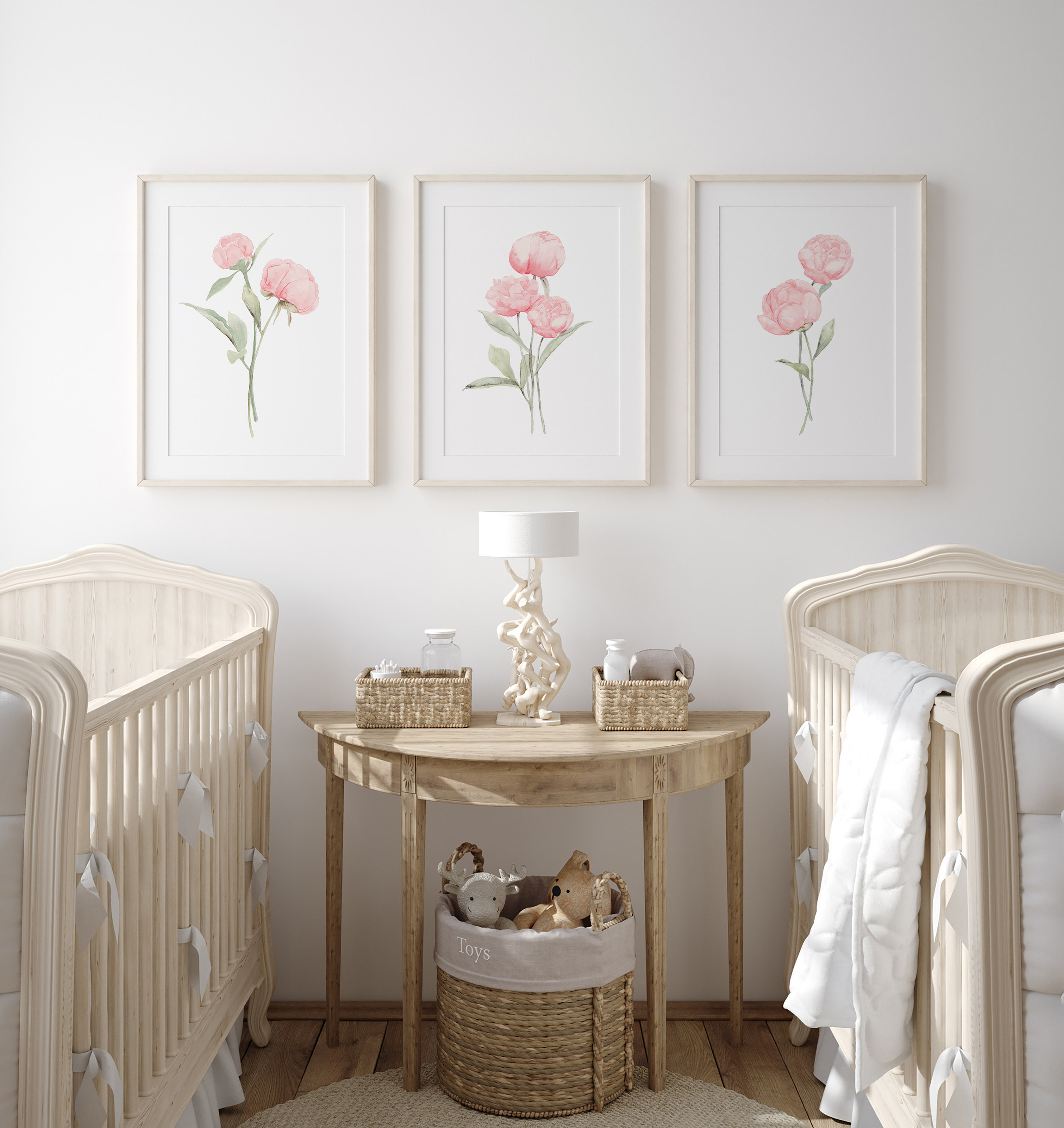 Pink Peony Wall Art Set of 3 Watercolor Floral Prints Baby Girl Nursery ...