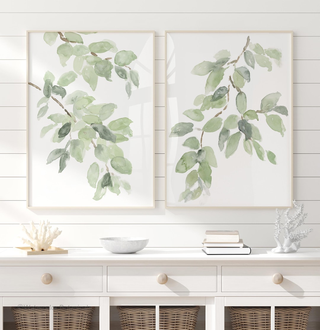 Modern Botanical Decor – Sage Green Set of 2 Minimalist Leaf Watercolor ...