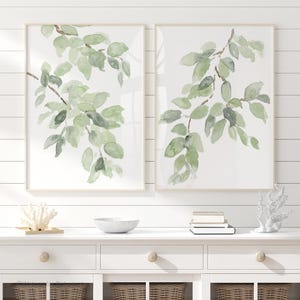Decorazioni botaniche moderne – Set di 2 stampe minimaliste di foglie verde salvia ad acquerello – Arte murale verde, opera d'arte ispirata alla natura verde chiaro