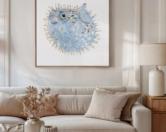 Blue Puffer Fish Wall Art, Coastal Watercolor Print, Beach House Decor, Marine Life Art