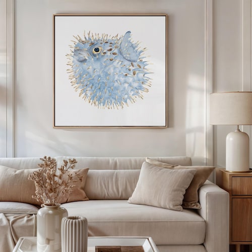 Square Puffer Fish Print – Coastal Watercolor Wall Art | Minimalist Beach House Decor | Nautical Sea Life Poster