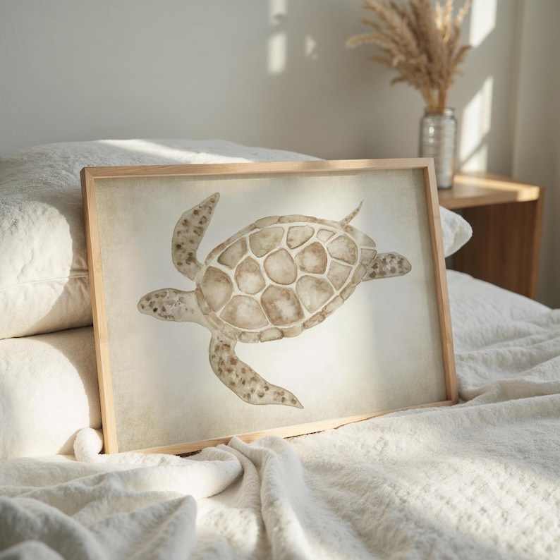 Watercolor Turtle Modern Coastal Wall Decor Nautical Art Print Beige Light Sea Life Painting Nature Wall Decor Beach House Wall Decor Summer image 9