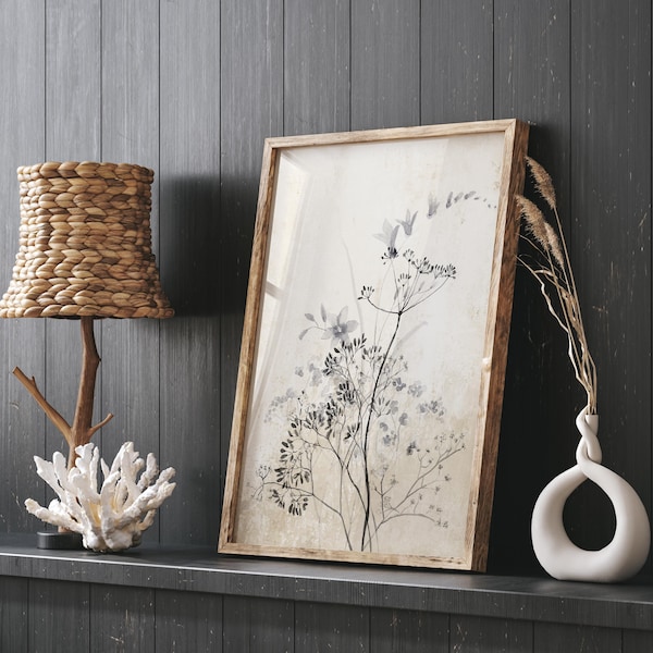 Vintage Botanical Wall Art – Neutral Floral Print in Beige & Black, Rustic Farmhouse Decor