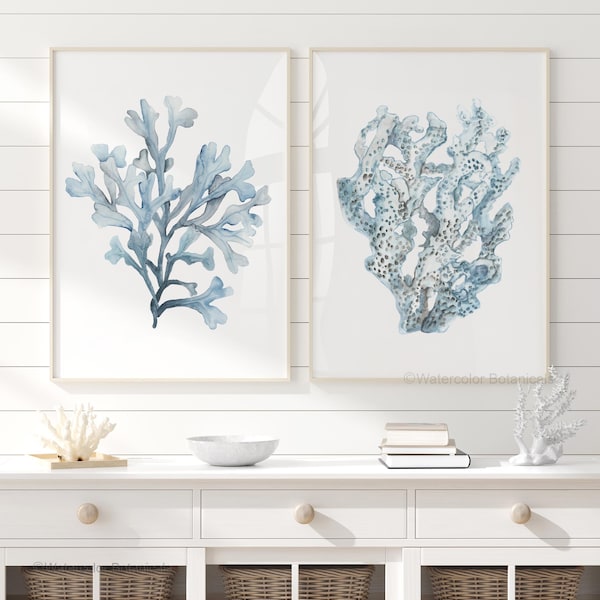 Blue Coral & Seaweed – Set of 2 Prints – Coastal Botanical Wall Art – Custom Artwork
