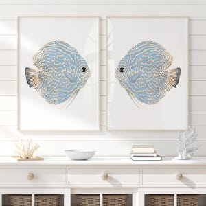 Abstract Discus Fish, Set of 2 Prints, Modern Coastal Wall Decor, Watercolor Artwork, Marine Animals, Beach House Art, Blue Fish Painting
