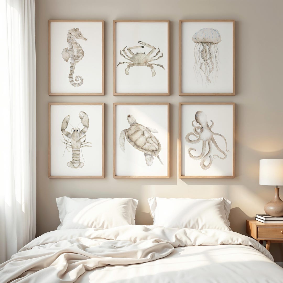 Watercolor Neutral Sea Animals Nursery Art – Set of 6 Gift Prints for ...