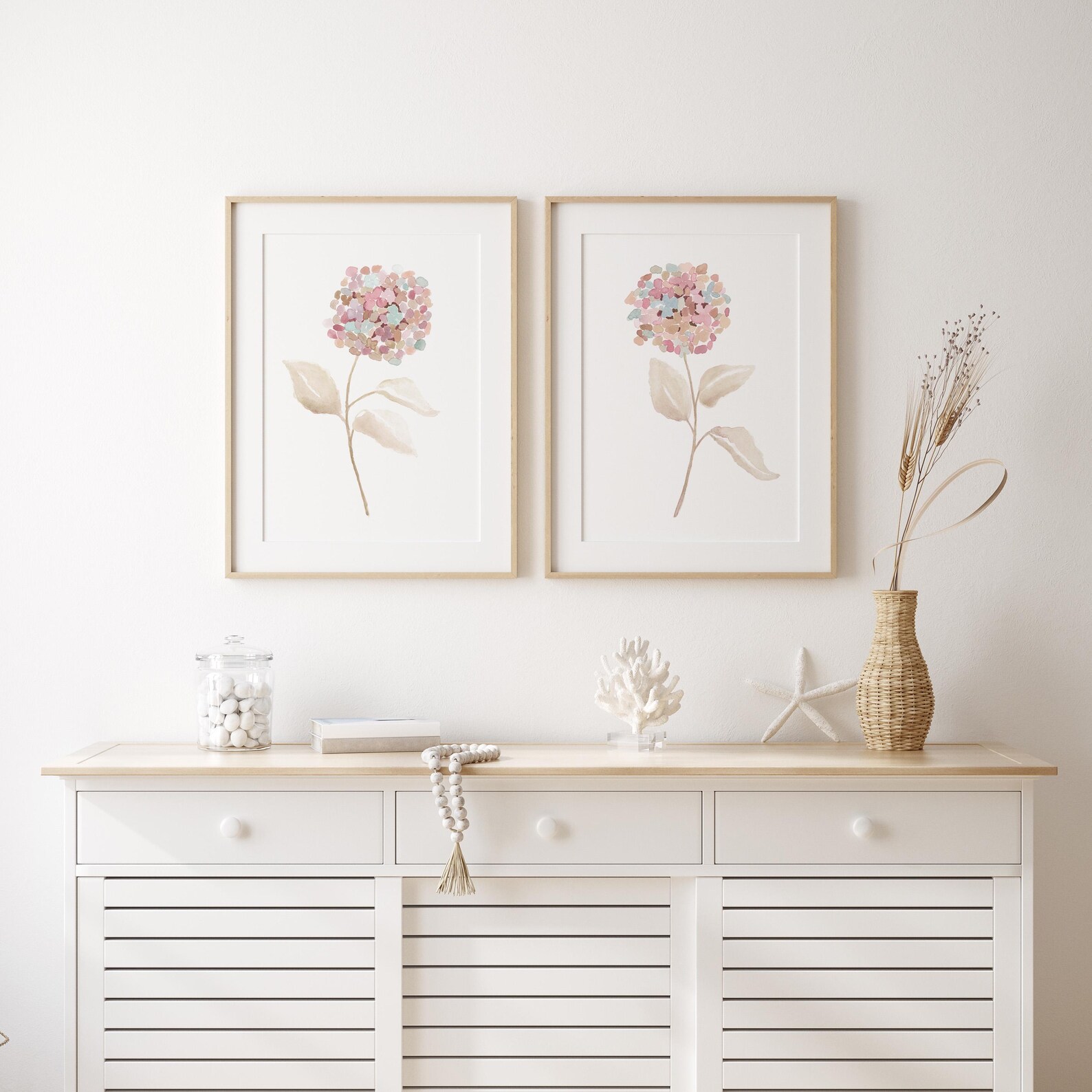 Pastel Pink Hydrangea Wall Art Set of 2 – Watercolor Botanical Prints ...