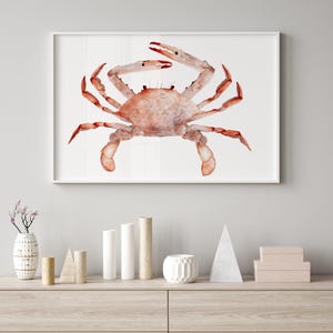 Stampa murale con granchio arancione ad acquerello - Stampa di vita marina costiera e nautica, decorazione per la casa sulla spiaggia, poster di animali dell'oceano, opera d'arte marina, decorazione murale per la cucina