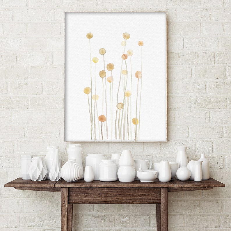 Aquarelle de fleurs jaunes minimalistes, tableau Billy Button, bouquet abstrait aquarelle, impression d'art floral moderne, déco botanique image 7