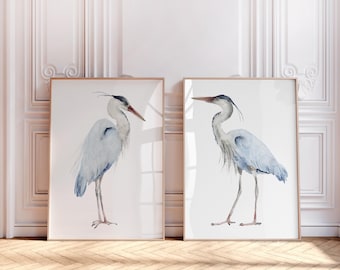 Coastal Watercolor Heron Birds, Elegant Bedroom Wall Art, Set of 2 Prints for above Bed, Great Blue Heron Painting