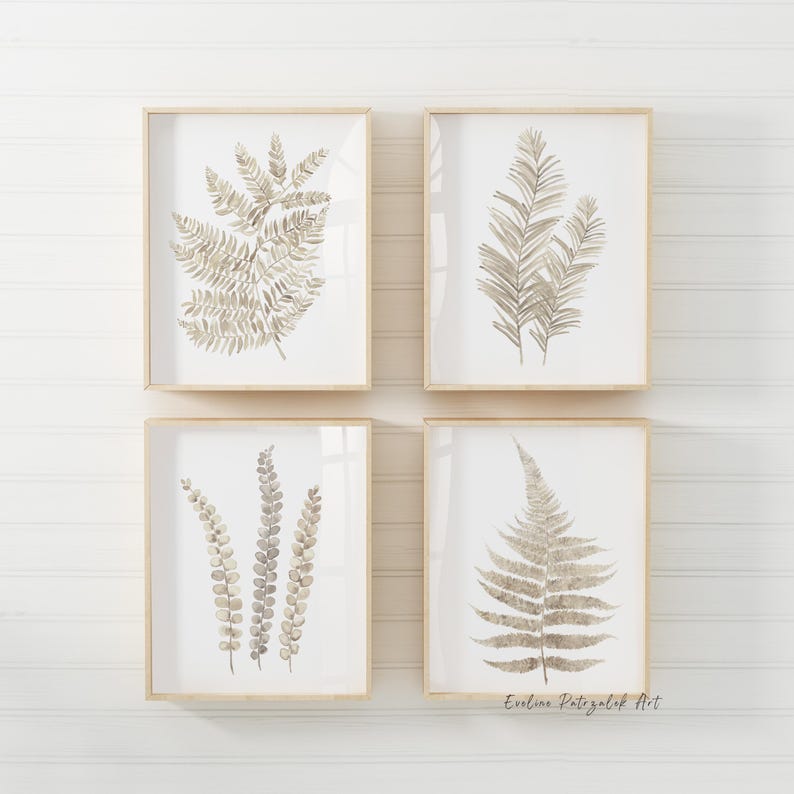 Pu&ograve; includere: Quattro stampe botaniche incorniciate con illustrazioni di felci ad acquerello nei toni del beige e del marrone. Le stampe sono presentate in cornici di legno chiaro, creando un'estetica naturale. L'opera d'arte &egrave; ideale per aggiungere un tocco di natura a qualsiasi spazio.