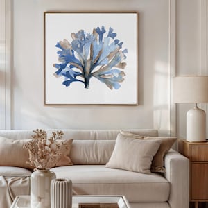 Stampa astratta di alghe, arte moderna blu indaco, decorazione murale minimalista, arte costiera, arte murale estiva, arte quadrata, dipinto di alghe