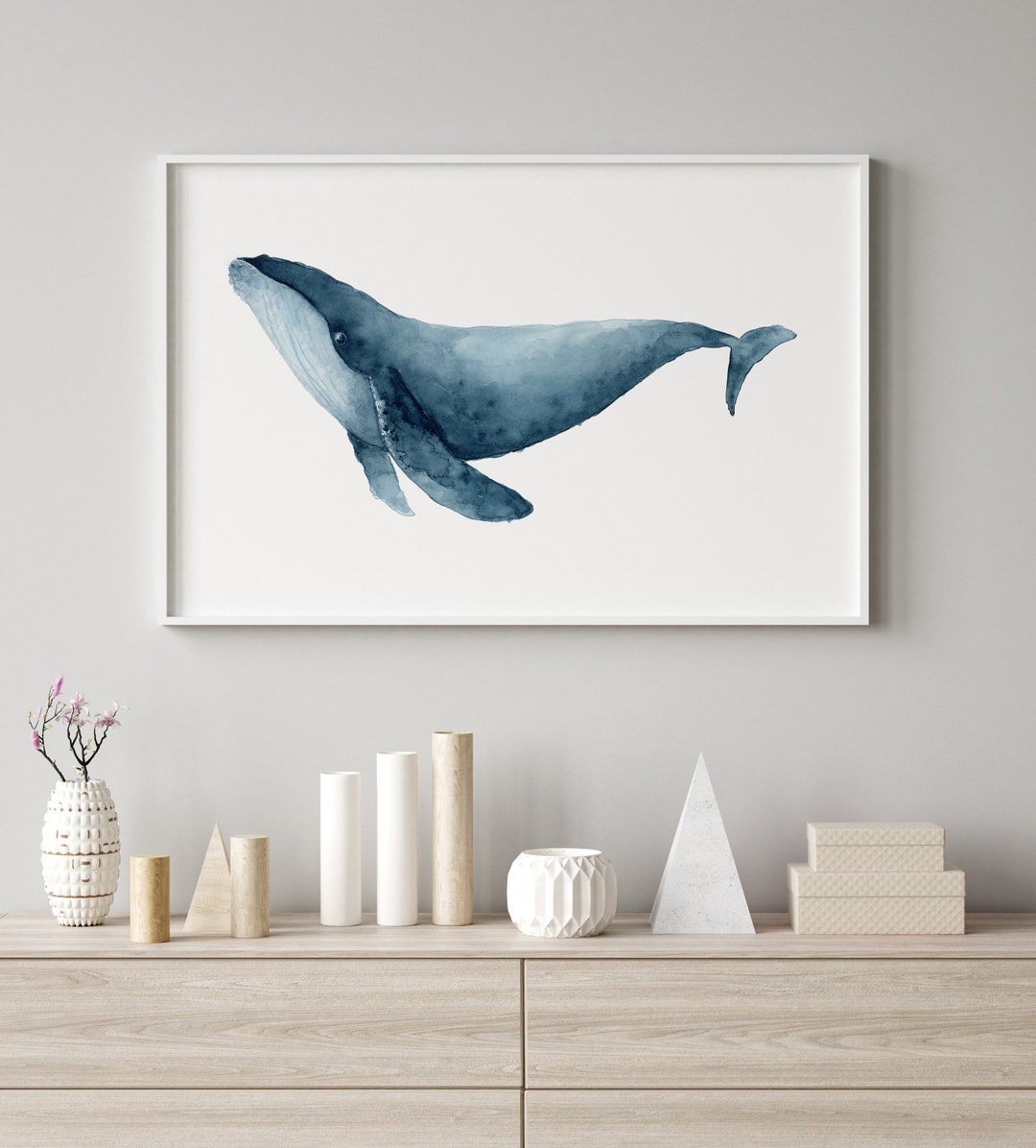 Minimalist Whale Painting, Watercolor Nautical Wall Decor, Navy Blue ...