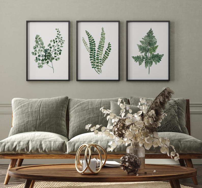 May include: Three framed botanical prints featuring different types of ferns in shades of green against a white background. The prints are displayed on a wall above a green velvet sofa with a wooden frame.