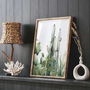 Cactussenontwerpkunstwerk, minimalistisch groen, kunst voor de woonkamer door aquarel Botanicals, vetplanten, tropische planten
